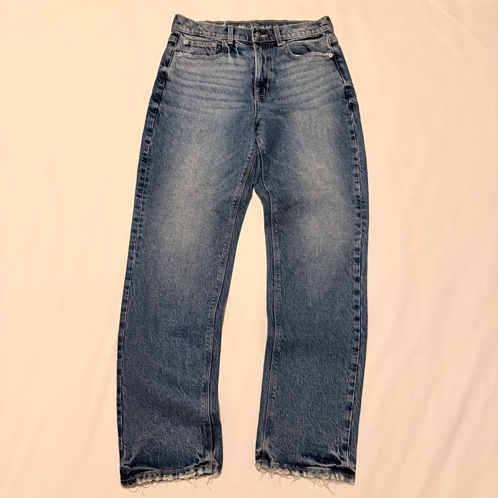 American Eagle Jeans Women 6 Blue Straight Leg High Rise Raw Hem Stretch
